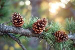 AI generated Pine cones on a tree branch photo
