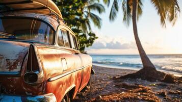 ai generado un antiguo coche estacionado en un tropical playa con un canoa en el techo. foto