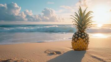 AI generated A pineapple on a sandy beach with the ocean in the background. photo