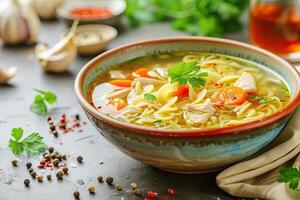 AI generated Homemade chicken noodle soup with vegetables and spices in a bowl. Healthy food concept photo