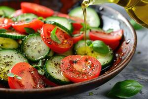 AI generated Salad with cucumbers, tomatoes with olive oil. photo