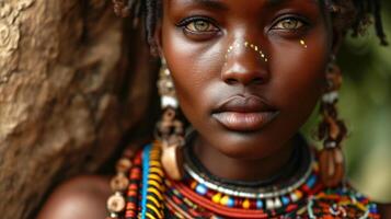 AI generated Maasai woman and traditional beaded adornments reflecting her identity. photo