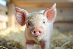 AI generated Cute piglet in farm. Happy and healthy small pig. Livestock farming. photo