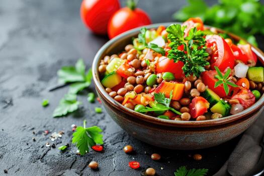 AI generated Lentil salad with veggies, healthy food, vegetarian and vegan snack. photo