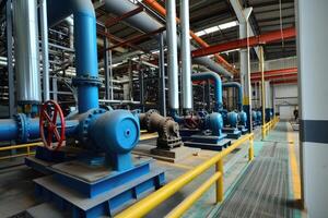 AI generated Valve and water pumps in an industrial room. photo