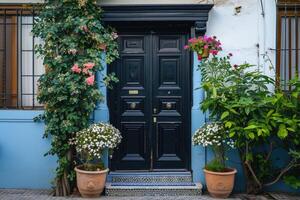 AI generated Black front entrance door with floral decoration photo