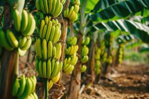 AI generated Bananas growing on trees. Agriculture and banana production concept. photo