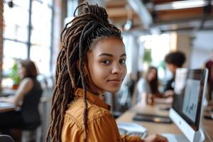 AI generated Woman working in office at computer photo