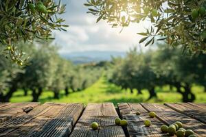 AI generated Empty old wooden table for product display with natural green olive field and green olives photo
