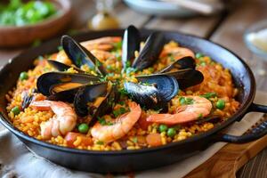 AI generated Delicious Spanish paella highlighting mussels and shrimps. photo