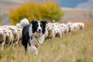 ai generado frontera collie oveja perro trabajando un rebaño de oveja foto