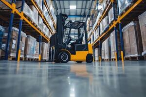 AI generated Forklift truck in warehouse. photo