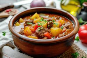 ai generado carne de vaca Estofado húngaro, sopa y un guiso, hecho de carne de vaca arrojar bife, patatas y mucho de pimenton. húngaro tradicional comida. foto