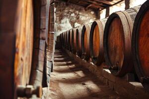 AI generated Wooden oak wine barrels stacked in a row photo