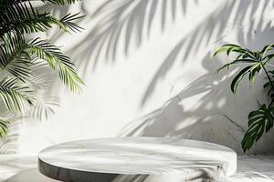 AI generated Luxury empty marble podium with tropical leaves and plant shadow on white wall for product placement display. photo