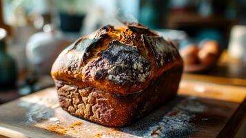 ai generado recién horneado hecho en casa un pan en un mesa. foto