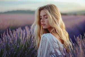 AI generated Blond girl with long hair on lavender field photo