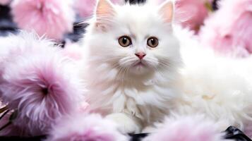 AI generated Cute white Persian kitten with pink flowers on black background. photo