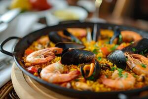 AI generated Delicious Spanish paella highlighting mussels and shrimps. photo