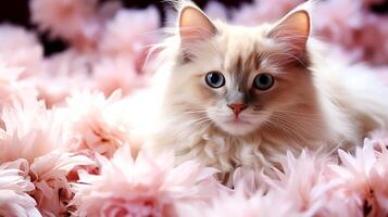 AI generated Beautiful cat with pink flowers on a dark background. photo