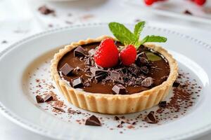 AI generated Close up of a chocolate tart on white plate photo