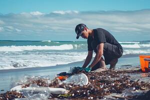 AI generated Volunteer cleans up a beautiful beach from plastic trash. Environmental conservation photo