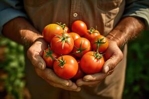 AI generated Tomato harvest. Farmers hands with freshly harvested tomatoes. photo