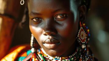 AI generated Maasai woman and traditional beaded adornments reflecting her identity. photo