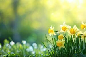 AI generated Beautiful panoramic spring nature background with daffodil flowers photo