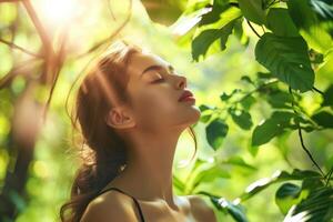 AI generated A beautiful girl enjoys nature, breathing fresh air in a summer garden on a background of green leaves. Harmony concept. photo