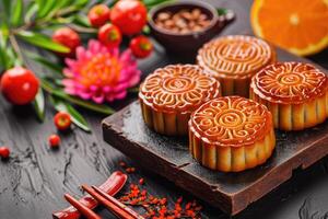 ai generado chino tradicional Luna pasteles a medio otoño festival. foto