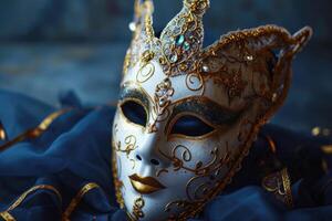 AI generated Festive Venetian carnival mask with gold decorations on dark blue background. photo