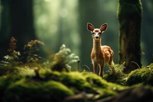 ai generado un bebé ciervo en el bosque foto