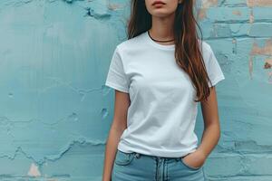 AI generated Mockup for design. Woman in white t-shirt in front. photo