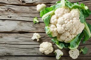 AI generated Fresh raw cauliflower on wooden table. photo