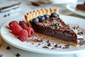 AI generated Close up of a chocolate tart on white plate photo