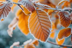 AI generated Orange beech leaves covered with frost in late fall or early winter. photo