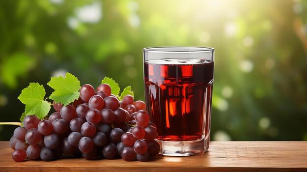 AI generated Grape juice in glass on wooden table, isolated on soft green background for text placement photo