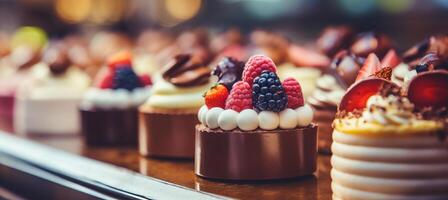 AI generated Aesthetic blurred bokeh background with gourmet desserts and coffee drinks in an elegant patisserie photo
