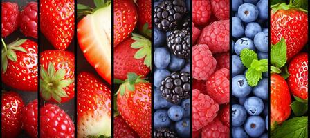 AI generated Captivating assortment of delectable berry products, divided by white lines, radiant lighting photo