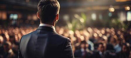 AI generated Business conference speaker presenting with copy space, rear view of presenter on stage photo