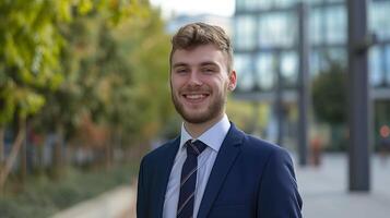 AI generated Young businessman outdoors with blurred business center background and text space photo