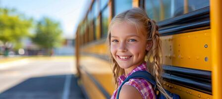 AI generated Happy elementary school student girl ready to board school bus with space for text placement photo