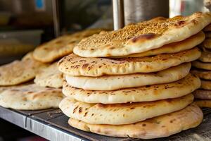 AI generated A traditional bakery offering fresh pita bread. photo