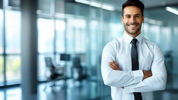 AI generated Happy businessman at office meeting, portrait with copy space on blurred glass walls background photo