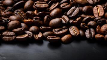 AI generated Premium roasted coffee beans on elegant black background   ideal banner for coffee lovers and cafes photo