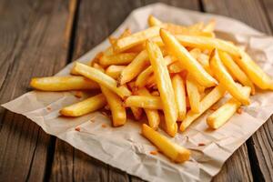 AI generated French fries on tracing paper on board on wooden table photo