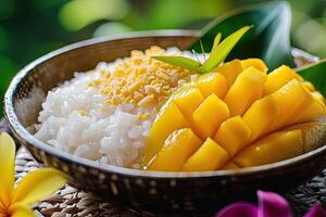 AI generated Khao Niew Mamuang or Thai mango sticky rice with coconut cream photo