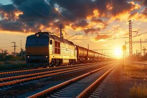 AI generated Cargo train at sunset. International train transport photo