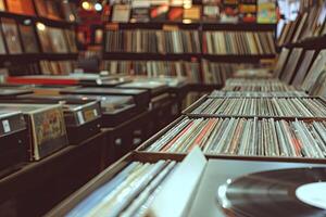 AI generated Vintage record store with rows of vinyl records and cassette tapes photo
